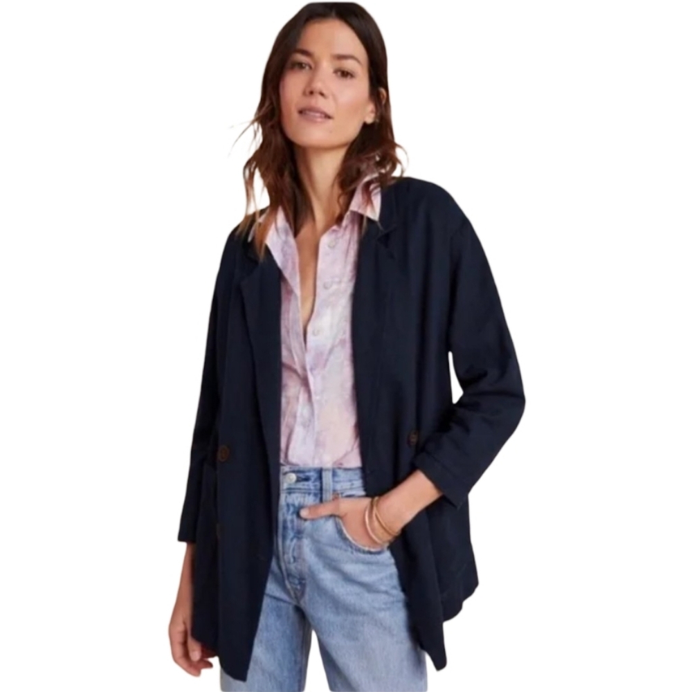 Anthropologie Amadi Kaye Oversized Linen Blend Double Breasted Blazer Navy S